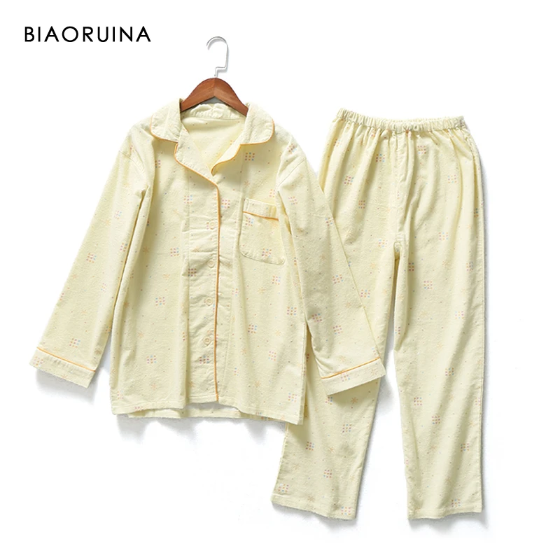 

BIAORUINA Women's Cotton Colorful Polka Dot Printing Yellow Pajama Sets Single Breasted Tops + Full Length Bottoms Sleeping Sets