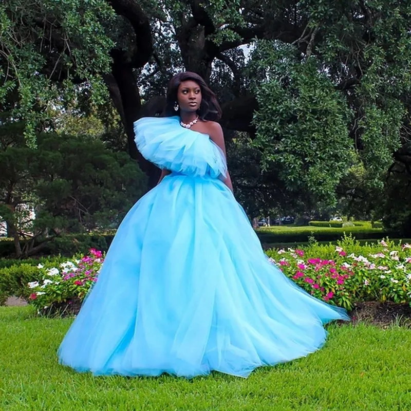

Fashion Sky Blue 2 Pieces Formal Party Dresses One Shoulder Top With Puffy Tutu Skirt Lady Summer Dresses Prom Gowns