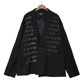 

Harajuku Streetwear Graffiti Letter Printed Blazer Lapel Black Oversized Woman Man Loose Top Shirt Gothic Blouse Punk Hip Hop