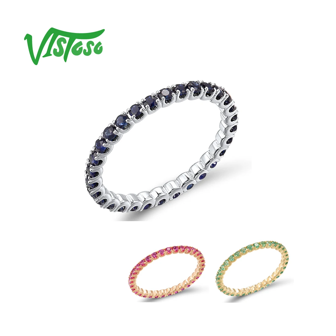 

VISTOSO Pure 14K White/Rose/Yellow Gold Ring For Women Blue Sapphire/Ruby/Emerald Simple Style Eternity Ring Gift Fine Jewelry