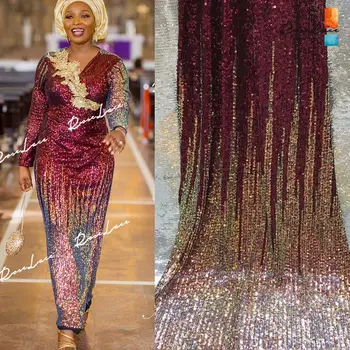 

Stretchable Burgundy Gradient Sequins Net Lace Fabric Elastic Soft African High Quality 2020 Sequined Embroidered Fabrics