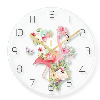

Flamingo glass wall clock cartoon wall clock family wall clock Nordic decoration fashion wall clock children's room decoration