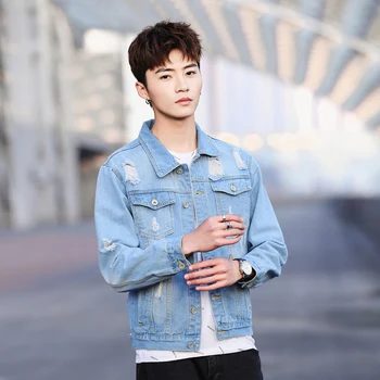 

Large size new men's denim jacket solid color autumn youth slim denim shirt printing letters hole trend men's denim jacket 2019