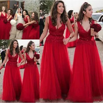 

Burgundy Appliqued Lace Tank Sleeve A-line Bridesmaid Dresses Simple Sleeveless V-neck Floor Length Wedding Party Gown