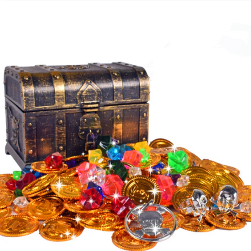 Treasure Hunting Box Children Treasure Box Retro Plastic Large Box Toy Gold Coins and Pirate Gems Jewelry Playset Pack