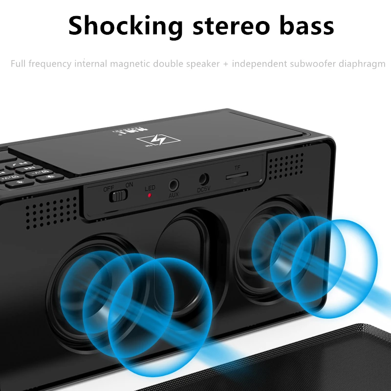 Portable rectangle Wireless Bluetooth Speaker Dual speakers Stereo Subwoofer Support Mobile Phone Wireless Charging TF AUX Mic