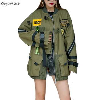 

Punk Army Green Cargo Trench Coat for Women Plus Size Windbreaker Straps Winderbreaker Korean Oversized clothing LT613S50