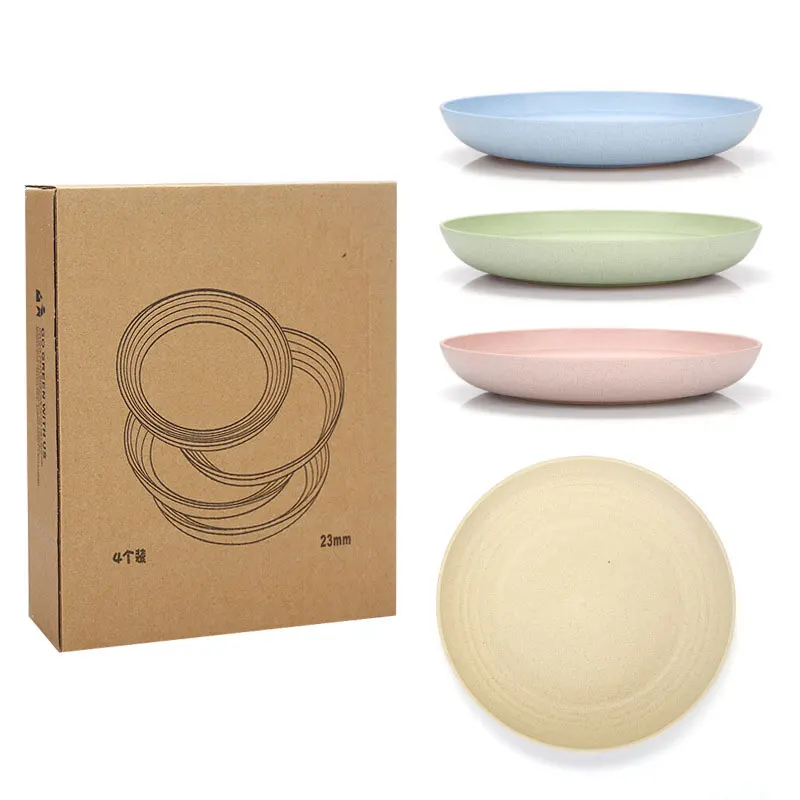 4pcs 20/23/25cm Lightweight Wheat Straw Plates Unbreakable Dishes and Plates Sets Non-toxin Safe Healthy for Kids Children Adult