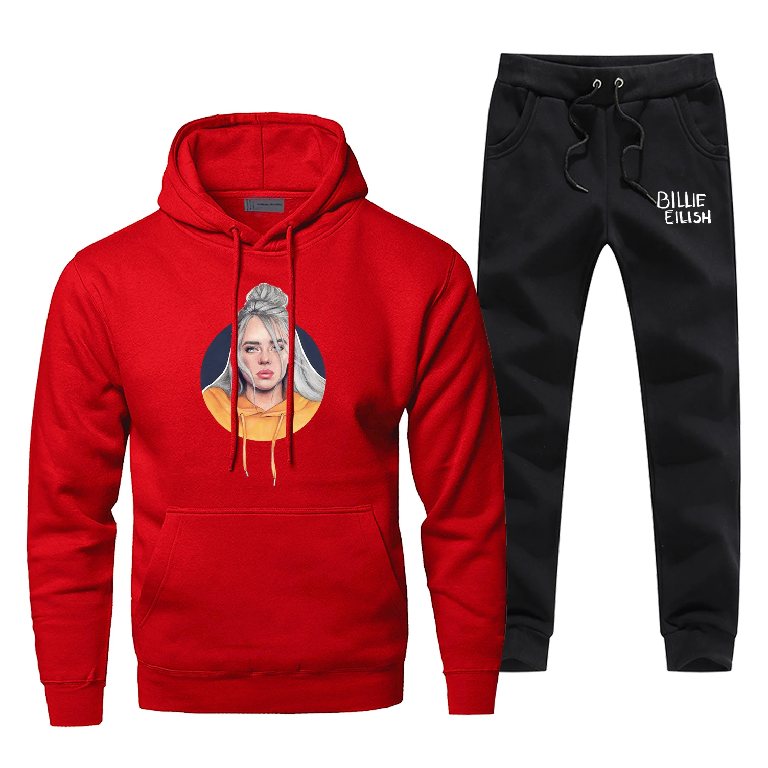 Модный спортивный костюм Billie Eilish с принтом, толстовка, забавные толстовки+ штаны, комплекты из 2 предметов, мужская повседневная спортивная одежда Harajuku Kpop, спортивные штаны - Цвет: Red