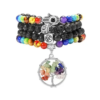 

Fashion 7 Chakras Multi-layer Tiger Eyes Stone Bracelets For Women Men Life Tree Charms Elastic Bracelet