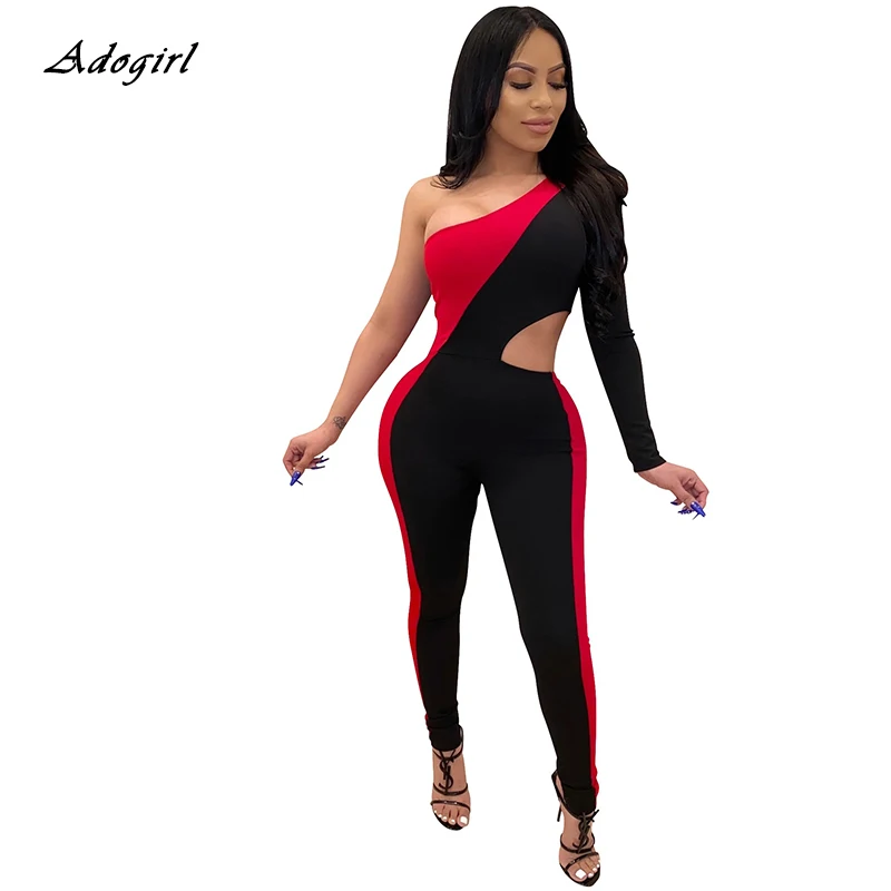 

Red Black Patchwork One Shoulder Bodycon Rompers Women Jumpsuit Sexy Fitness Slim Hollow Out High Waist Body Clubwear Jumpsuit