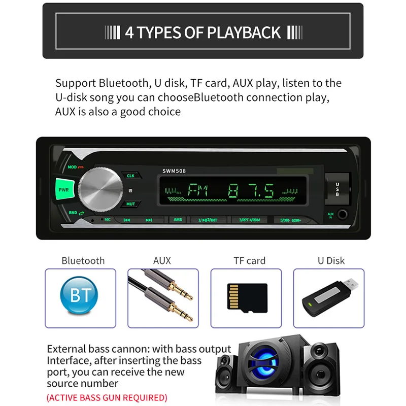 Автомобильный стерео MP3-плеер FM беспроводной AUX Bluetooth 4,0 многофункциональная 12V 50W красочная функция освещения