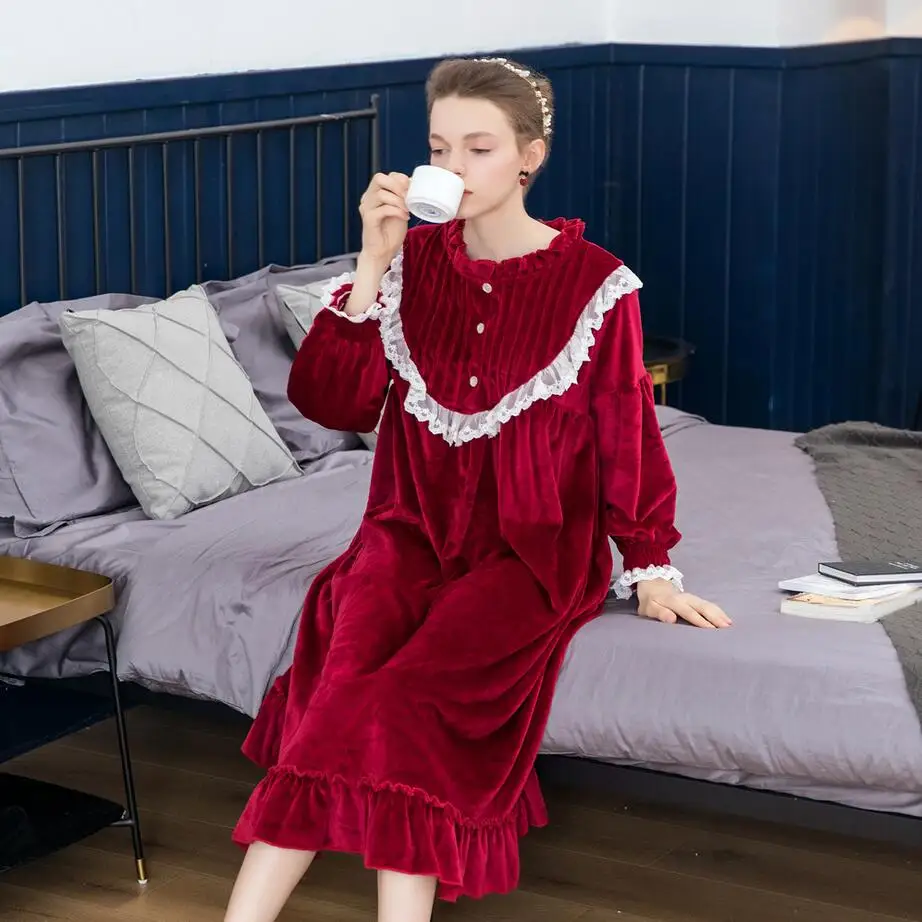Wine Red Женская зимняя фланелевая плотная ночная рубашка с длинным рукавом размера плюс, одежда для сна в стиле ретро, длинная ночная рубашка с оборками, домашняя одежда - Цвет: Wine Red