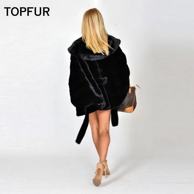 TOPFUR тип норковая шуба женская Обычная норковая шуба с большим капюшоном с поясом зимняя теплая меховая куртка для молодых девушек