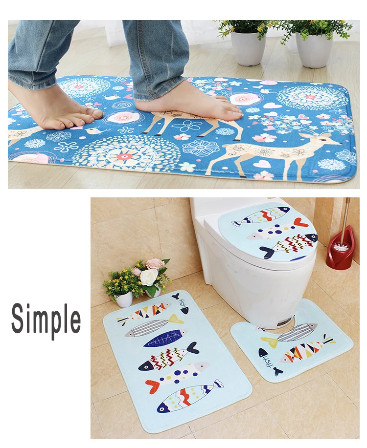 Flannel Toilet Three-Piece Floor Mat Nordic Printing PVC Latex Net Bottom Bathroom Non-Slip Mat Cartoon Cartoon style