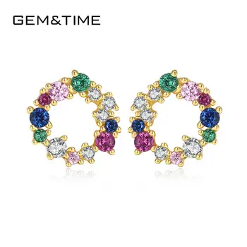 

Gem&Time Simple Colorful Cubic Zirconia Paved Round Stud Earrings With 100% 925 Sterling Silver Women Fine Jewelry Female Gifts