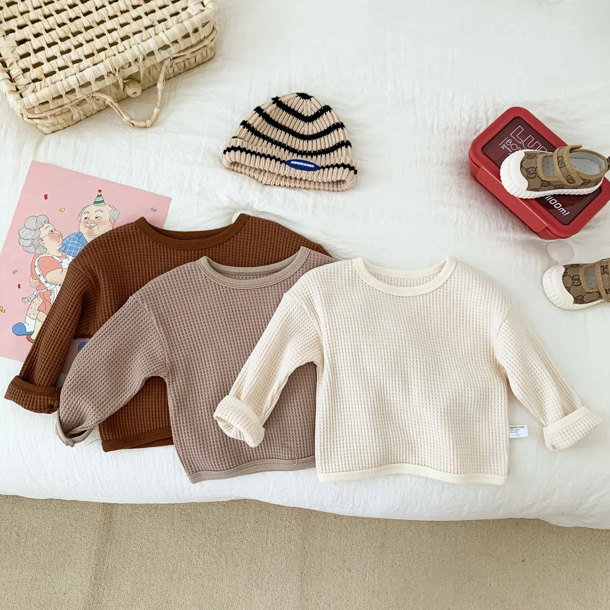 9797B Baby Clothes Korean Baby Waffle Tops Spring Autumn New Round Neck Girl T-shirt Sweater Coat Girl Thick Waffle Tops