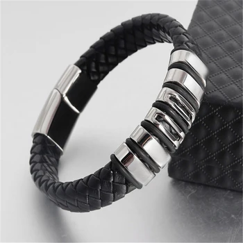 

Cool Punk Stainless Steel Magnetic Button Design Genuine Leather Bracelet for Men Fashion Bangles Male Gift
