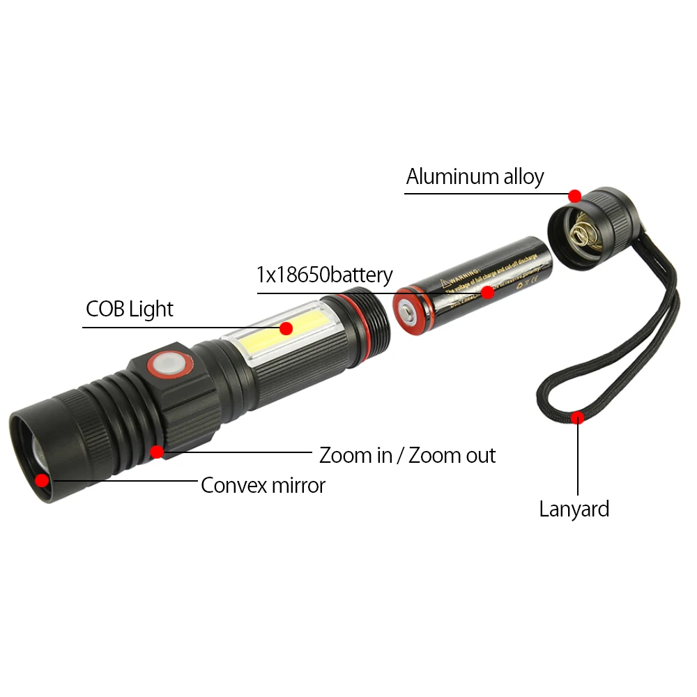 T6 COB Side Light Flashlight Telescopic Zoom Waterproof LED Work Light Portable Light Multifunctional LED Flashlight