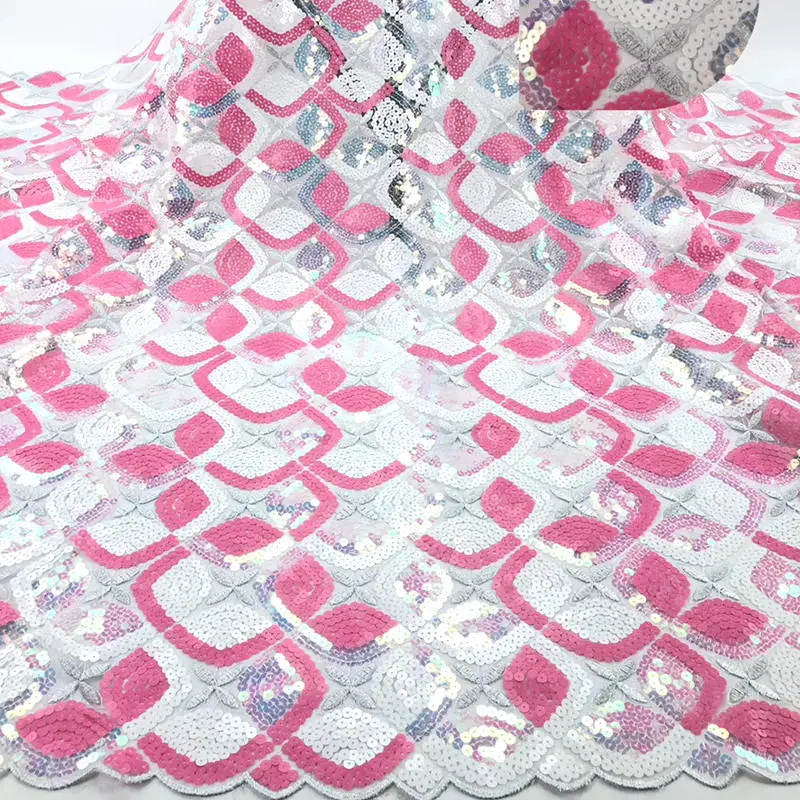 

5yards embroidery best quality sequins lace fabric white and pink african newest tulle mesh lace for sawing dress DG451