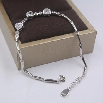 

Sterling S925 Silver Bracelet Women Luck Three Zircon Heart Charm Link Chain Bracelet 7.67"L Best Gift
