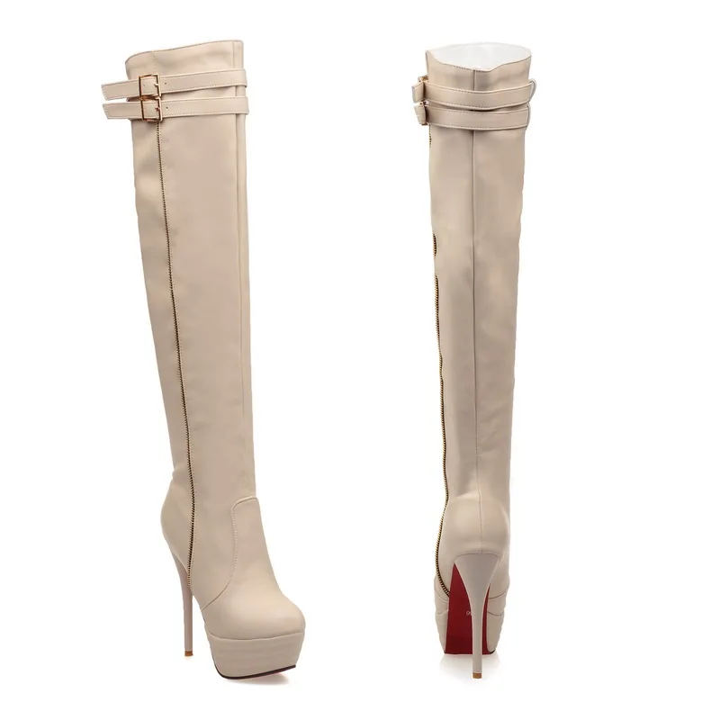 EF7785 Beige Оригинальное предназначение, пикантные элегантные женские ботфорты выше колена черного и белого цвета обувь на тонком высоком каблуке Женская обувь, большие размеры 3-14 - Цвет: EF7785 Beige