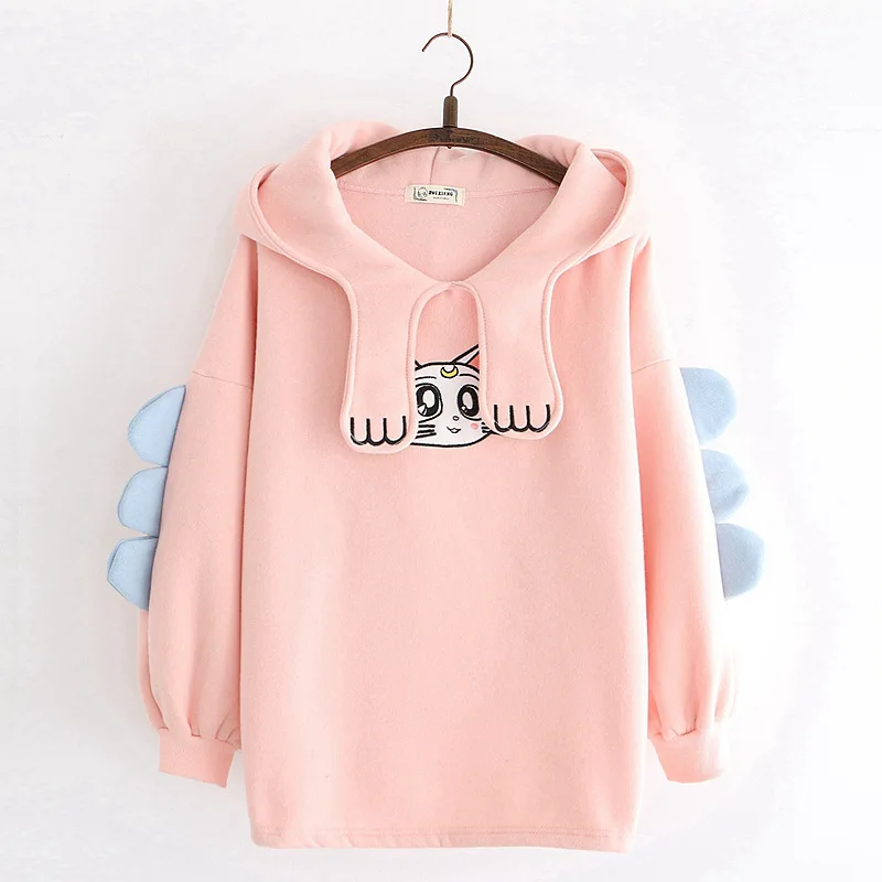 Harajuku мультфильм кошка вышивка толстовки для женщин зима плюс бархат теплые милые кофты девушка с ушками на капюшоне японский стиль - Цвет: Розовый