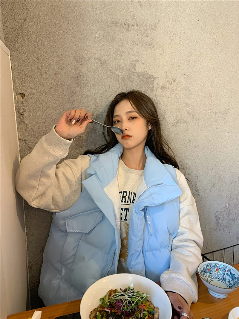 

Pure Color Stand-Up Collar Down Jacket Vest Jacket Loose Zipper Pocket Thickened Down Vest Women 2020