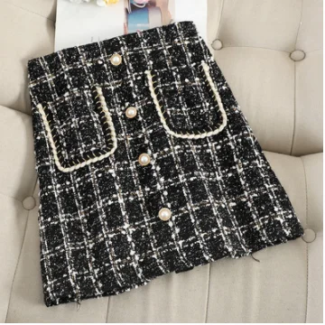black skirt Женская зимняя теплая короткая шерстяная юбка с высокой талией, с карманами, на пуговицах спереди, клетчатые юбки, высокая мода, saias faldas - Цвет: black skirt
