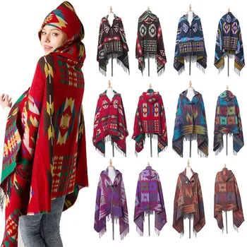 

Boho Winter Plaid Plush Blanket Hoodie Sherpa Knitted Camo Fabric Hooded Sweatshirt Cute Soft Office Travel Adult Shawl Blankets