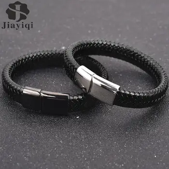 

Fashion Men Bracelet Stainless Steel Magnetic Clasps Black Braided Leather Bracelets Cool Male Jewelry Accessories Party Gifts