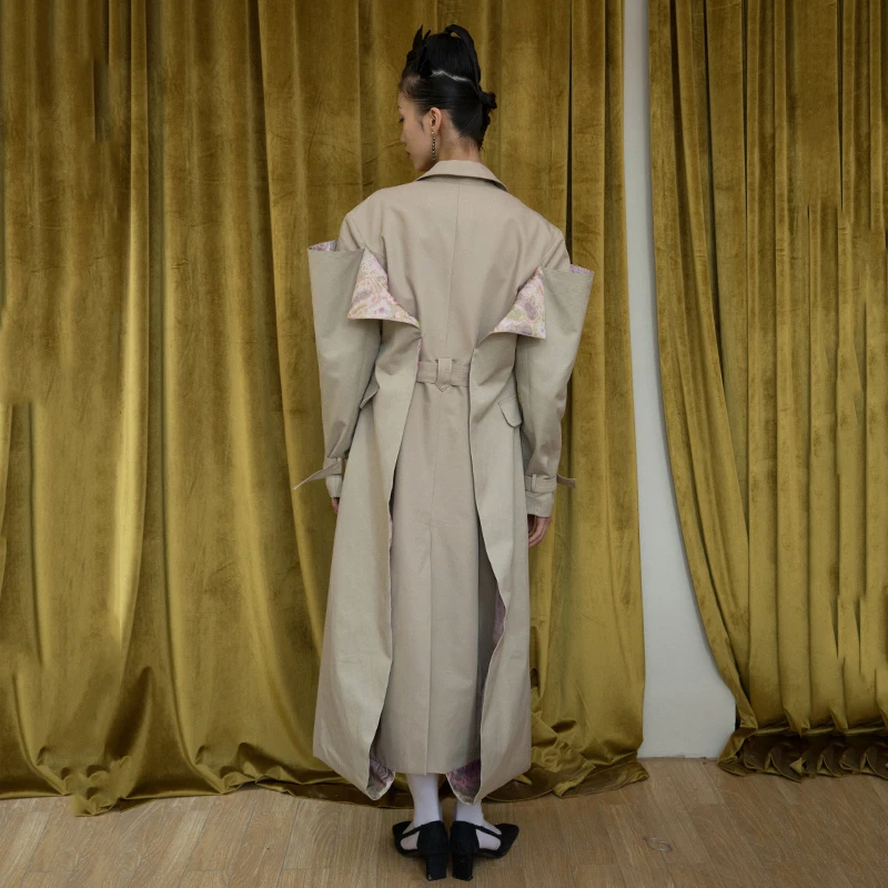 [EAM] Women Khaki Printed Vent Long Trench New