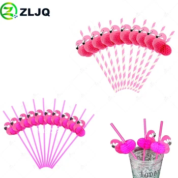 

ZLJQ 50pcs/lot Flamingo Straw 3D Pink Flamingo Paper Plastic Drinking Straws Wedding Birthday Party Decor Hawaiian Pool Party