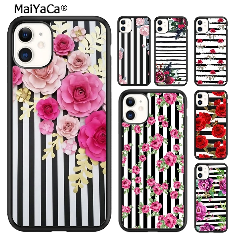 Чехол MaiYaCa для телефона в черно-белую полоску с цветами чехол iPhone SE 6s 7 8 plus X XR XS 11 12