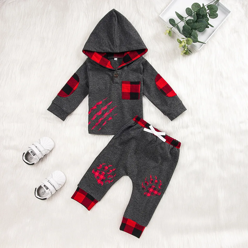 Коллекция года, осенне-зимняя модная одежда для новорожденных девочек и мальчиков пуловер в клетку с длинными рукавами и капюшоном с принтом лапы топ+ штаны, Outfiit