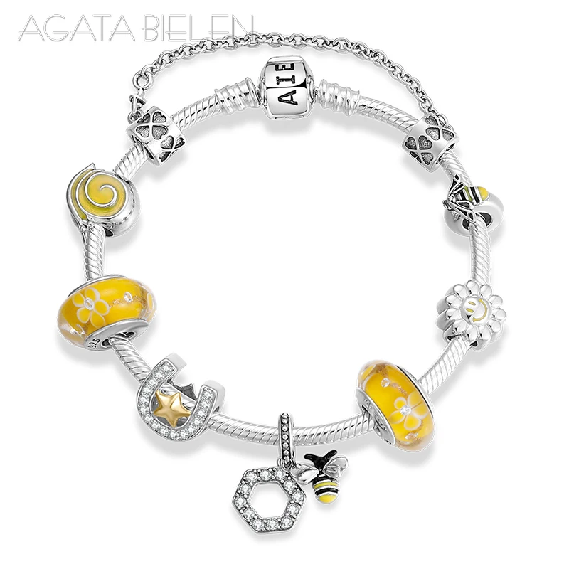 925 стерлингового серебра желтый Пчела серии готовой продукции браслеты со стеклянными бусинами браслеты для женщин модные ювелирные изделия