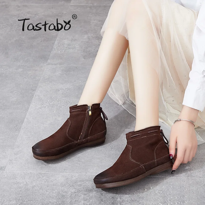 Tastabo 2019 autumn and winter ladies ankle boots Handmade vintage leather everyday shoes S8935-1 Brown caramel women's boots