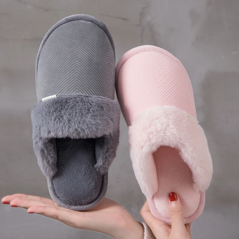 Puimentiua Women Winter Warm Indoor Slippers Women's Solid Soft Plush Flip Flops Home Shoes Cotton Home Slippers Couples