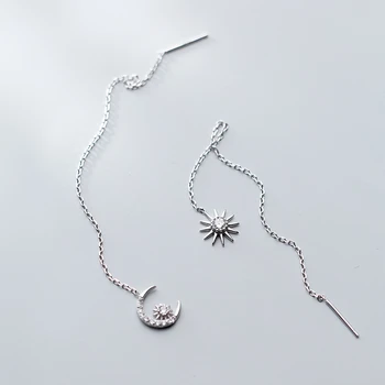 

925 Sterling Silver Asymmetrical Cubic Zircon Sun Moon Gold Color Long Ear Threads Linear Dangle Drop Earrings for Women