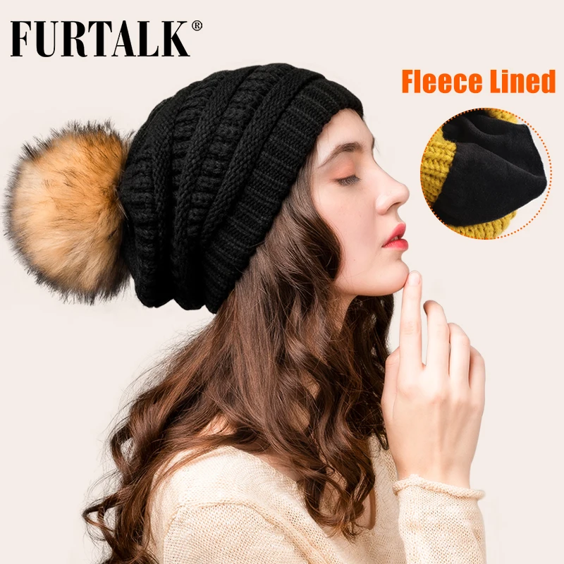 Женская Вязаная Шапка бини FURTALK Красная с помпоном бархатной подкладкой в