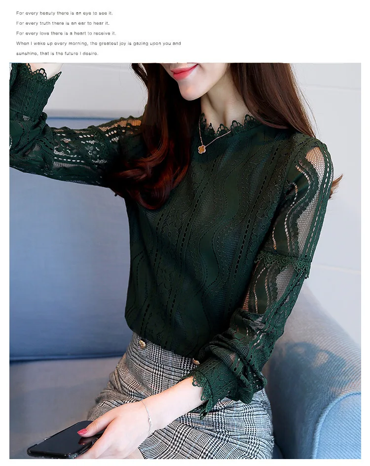 spring autumn Women Crochet Blouse Lace Chiffon Shirt White/Black Basic Shirt Ladies Stand Collar Ruffles Blusas Femininas