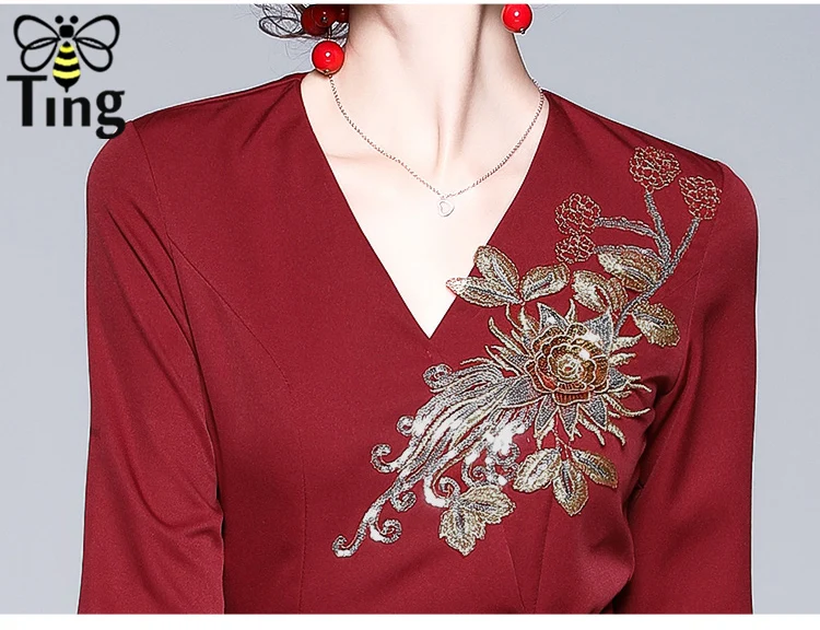 Tingfly Vintagel элегантное женское офисное платье с вышивкой и аппликацией, платье трапециевидной формы с v-образным вырезом, повседневные платья до колен, Vestidos 2XL