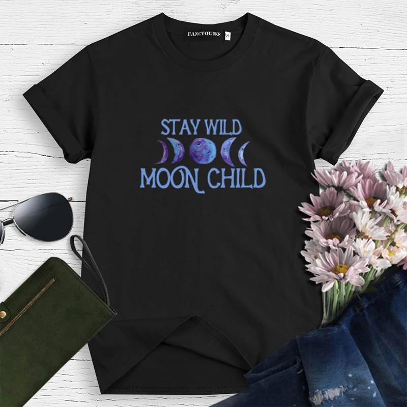 Женская футболка в готическом стиле; Детские футболки с принтом «STAY WILD MOON»; женские футболки с короткими рукавами; camiseta de las mujeres