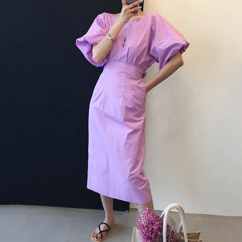 Woherb Elegant Bodycon Dress Women Korean Clothes Chic Lace Up Bow Slim Fit Backless Vstidos Lantern Sleeve Split Dresses 92937