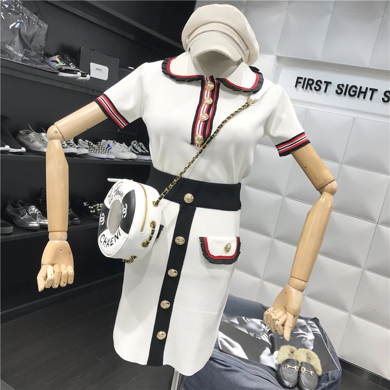 

2019 Autumn Two Piece Knitted Clothes Sets Fashion Striped Short Sleeve Sweater Top And Single Breasted Mini Bodycon Skirt Suits