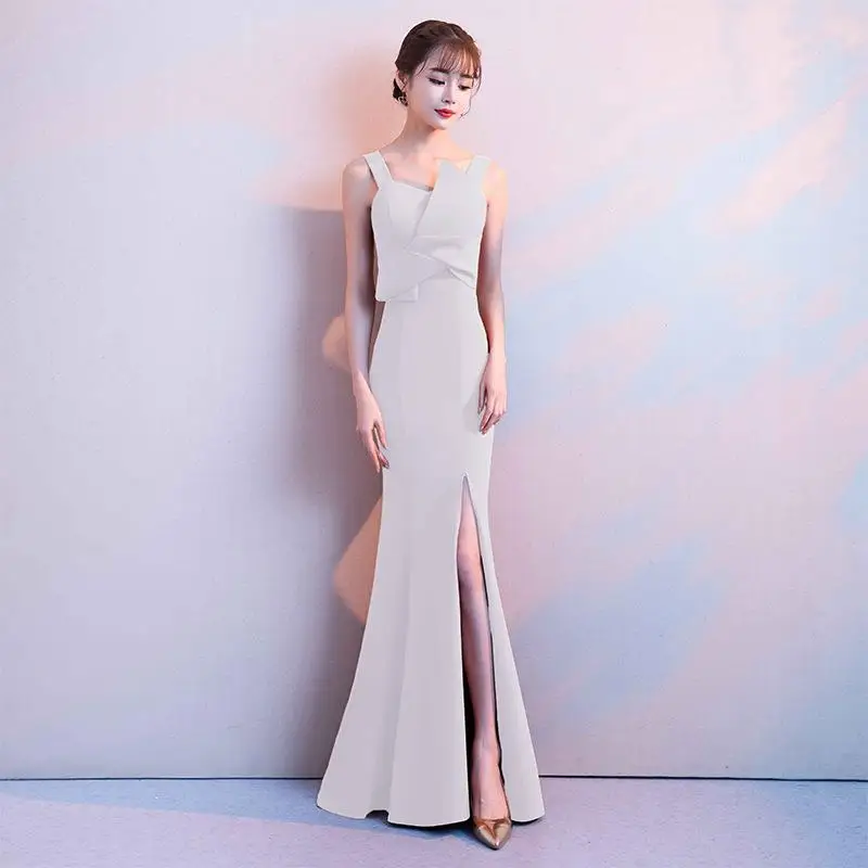 Solid Womens Wedding Party Dress Sleeveless Mermaid Evening Cheongsam Floor-Length Elegant Qipao Long Gowns Retro Vestido XS-XXL - Цвет: Белый
