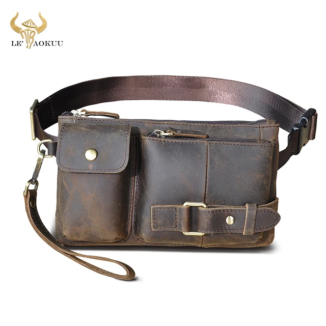 New Hot Sale Quality Leather men Fashion Travel Fanny Waist Belt Bag Chest Pack Sling Clutch Bag Design Phone Case Male 8135-d dark brown