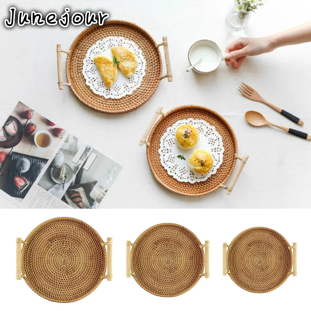 

Rattan Storage Tray, Round Basket with Handle, Hand-Woven, Rattan Tray Wicker Basket Bread Fruit Food Breakfast Display M/L/XL