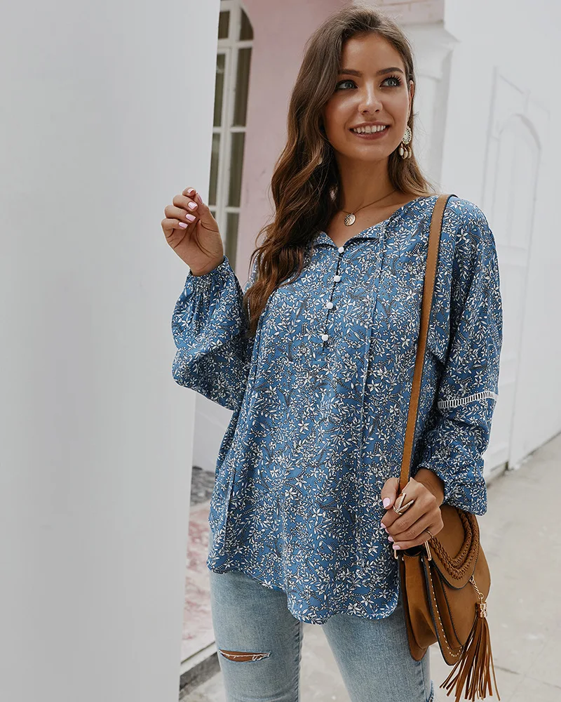 QPFJQD Boho шикарные винтажные цветочные печатные жемчужные рубашки на пуговицах Топы женские Повседневный пляжный костюм с длинным рукавом блузки Blusas весна осень