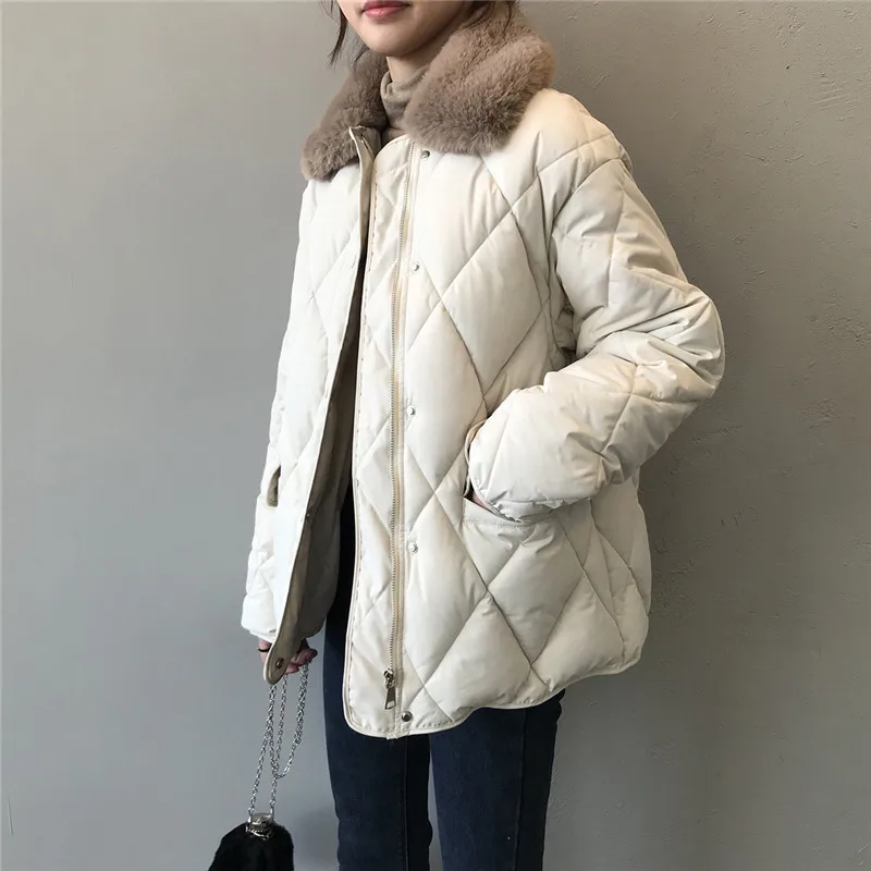 

faux rabbit fur collar autumn winter down jacket women 2021 new zipper solid lapel full sleeve chic coat parka ladies outwear